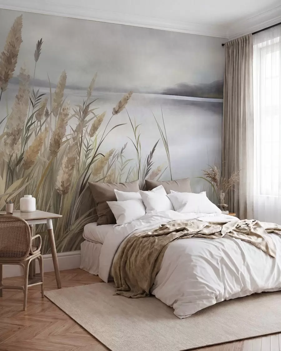 Wall Mural Photo Wallpaper Tall, dry grass and reeds in the foreground, textured landscape, pastel colors w10017