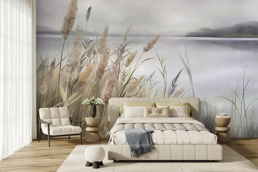 peintures murales De hautes herbes sèches et des roseaux au premier plan, un paysage riche en textures, des couleurs pastel w10017