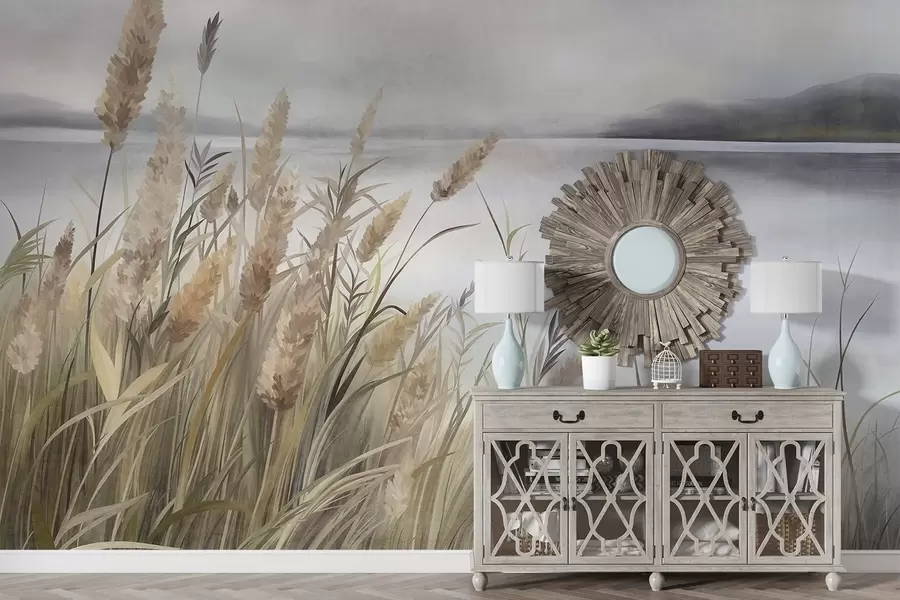 Wall Mural Photo Wallpaper Tall, dry grass and reeds in the foreground, textured landscape, pastel colors w10017