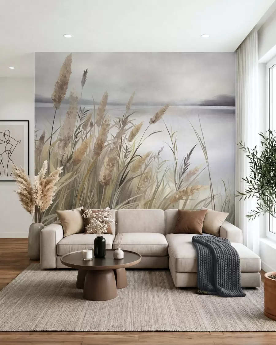 wall murals Tall, dry grass and reeds in the foreground, textured landscape, pastel colors w10017