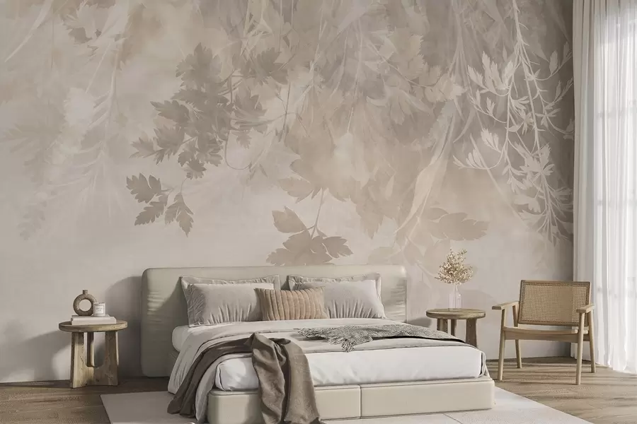 murales Hojas y ramas con textura sobre un fondo beige suave y apagado w10020