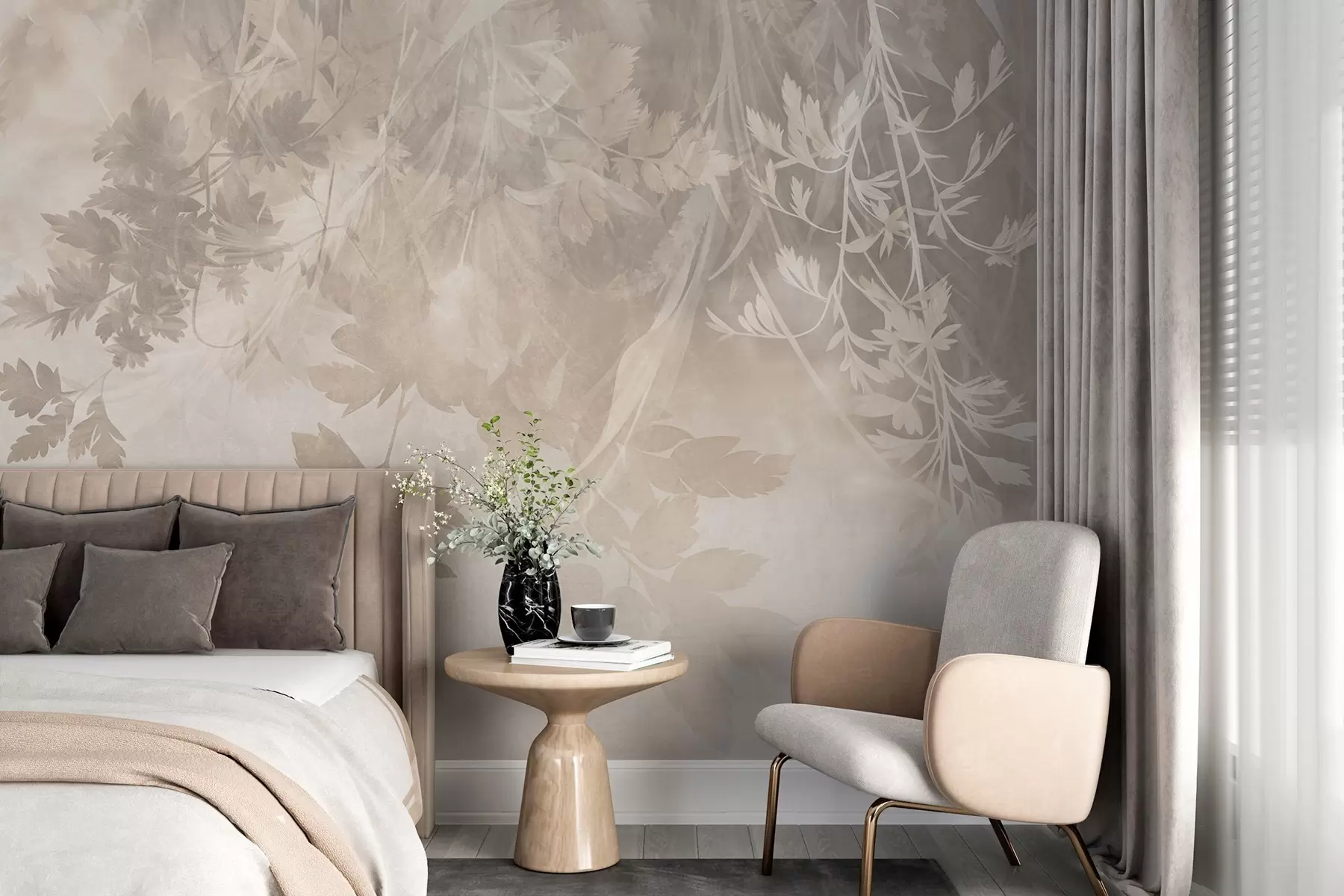 murales Hojas y ramas con textura sobre un fondo beige suave y apagado w10020