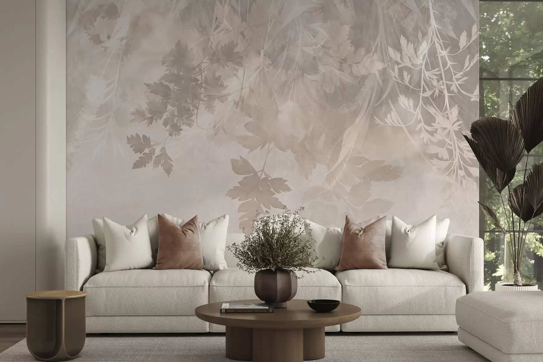 wall murals Textured leaves and branches against a soft, muted beige background w10020