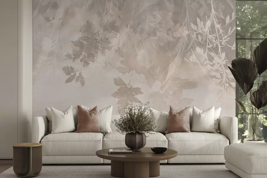 murales Hojas y ramas con textura sobre un fondo beige suave y apagado w10020