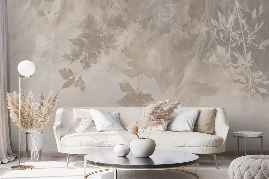 peintures murales Des feuilles et des branches texturées sur un fond beige doux et discret w10020