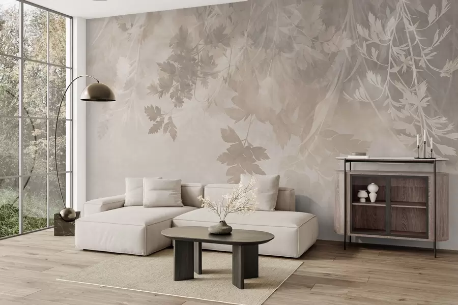 murales Hojas y ramas con textura sobre un fondo beige suave y apagado w10020