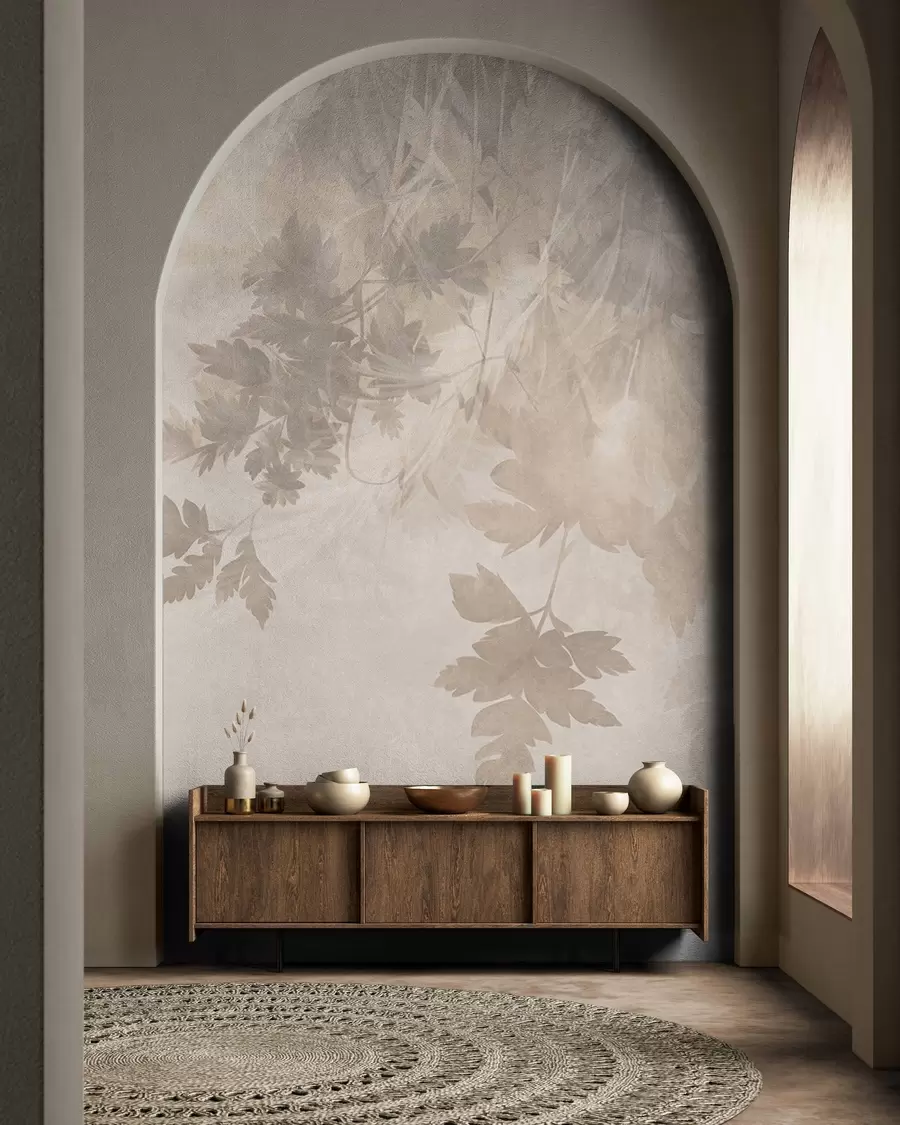 wall murals Textured leaves and branches against a soft, muted beige background w10020