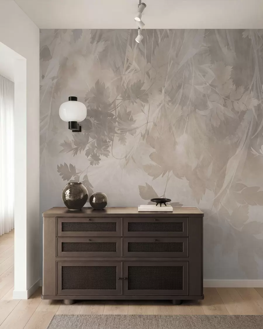 murales Hojas y ramas con textura sobre un fondo beige suave y apagado w10020