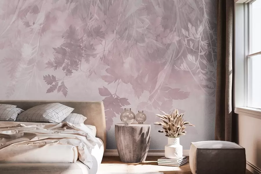 peintures murales Des feuilles et des branches texturées sur un fond rose tendre et discret w10020v1