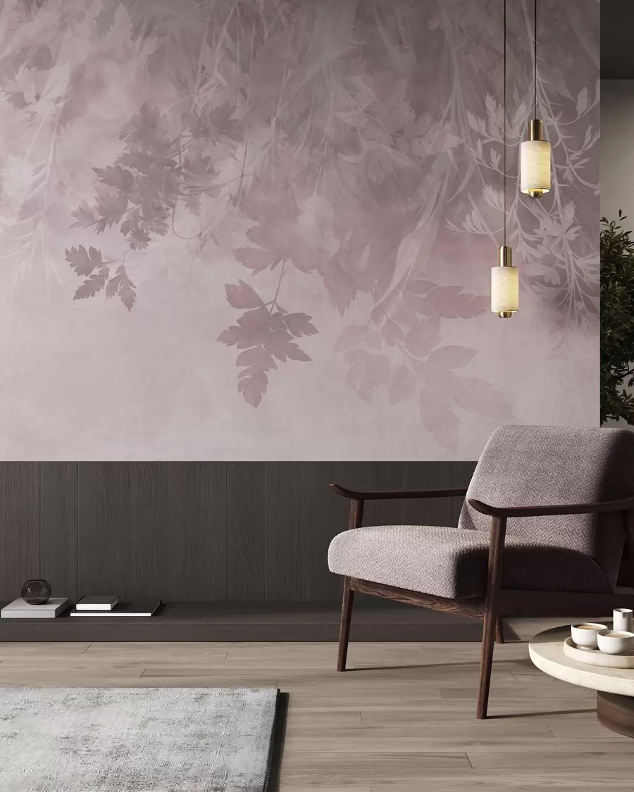 murales Hojas y ramas con textura sobre un fondo rosa suave y apagado w10020v1