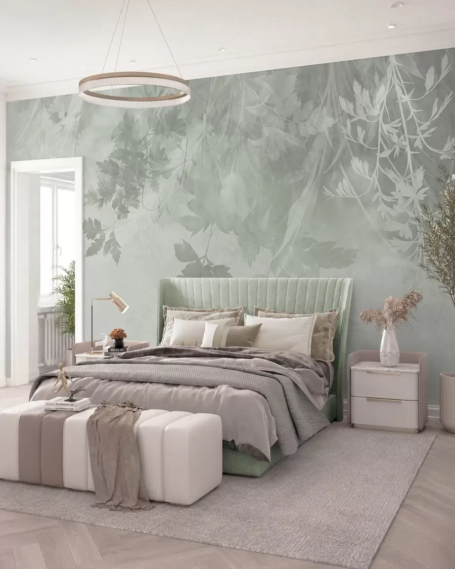 murales Hojas y ramas con textura sobre un fondo verde suave y apagado w10020v2