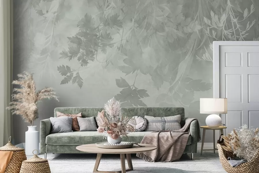 peintures murales Des feuilles et des branches texturées sur un fond vert doux et discret w10020v2