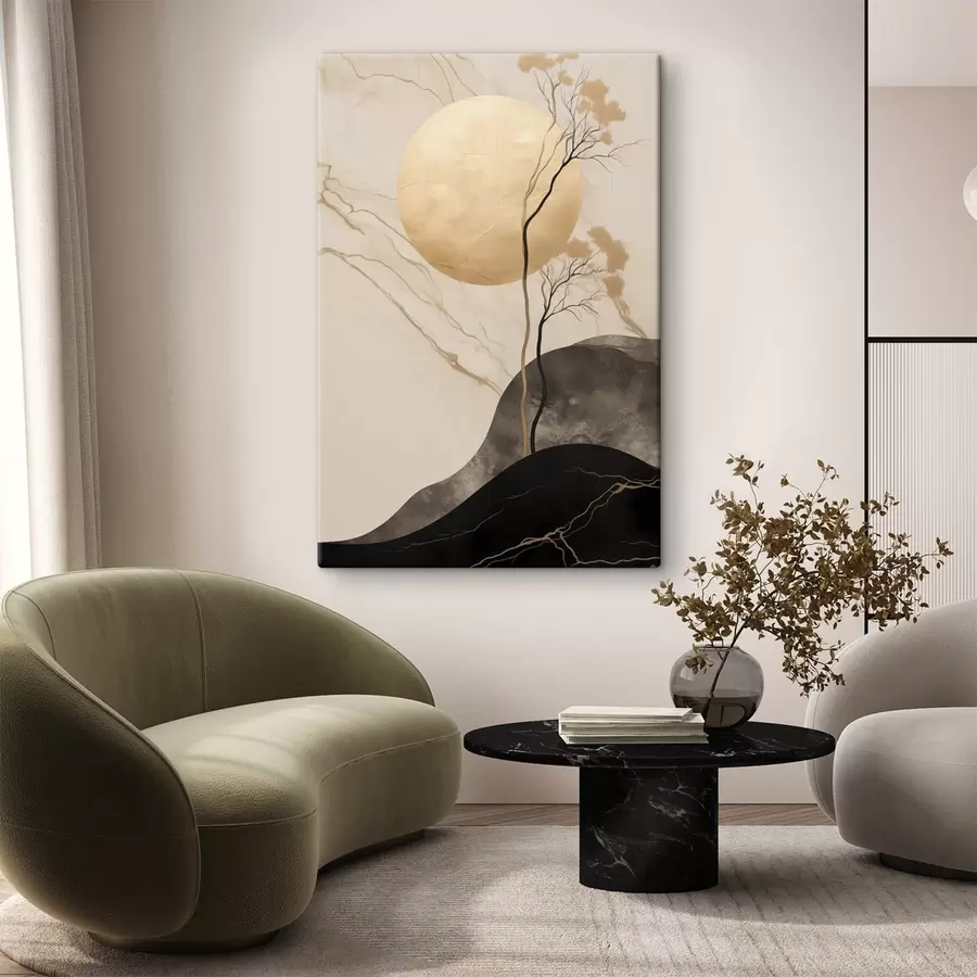 wall murals A minimalist abstract art, tree and flowing textures in beige and black tones s50612