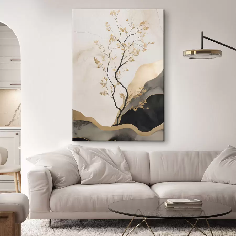 wall murals A minimalist abstract art, tree and flowing textures in beige and black tones s50613