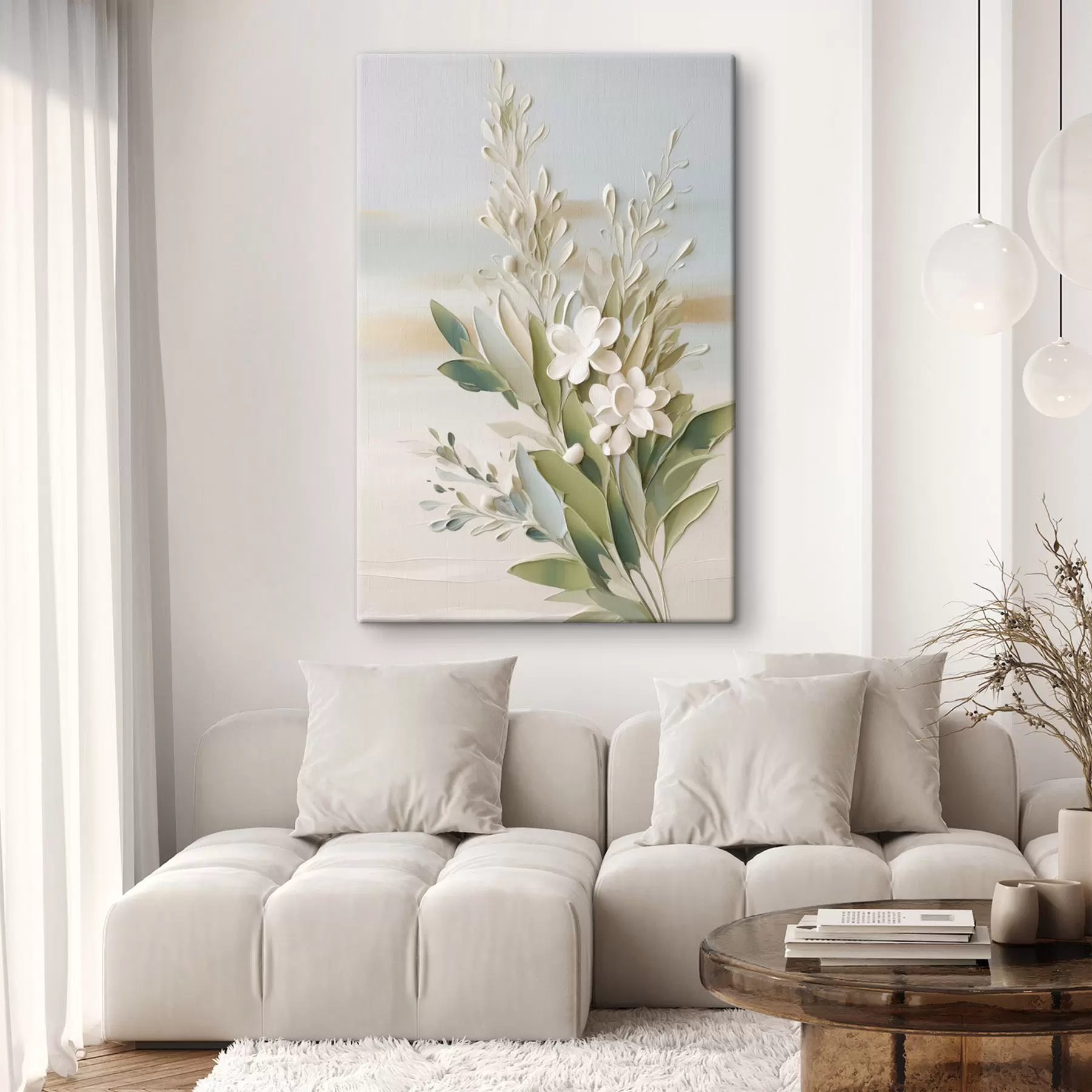 wall murals White flowers and green leaves with a soft, textured background in pastel colors s50618