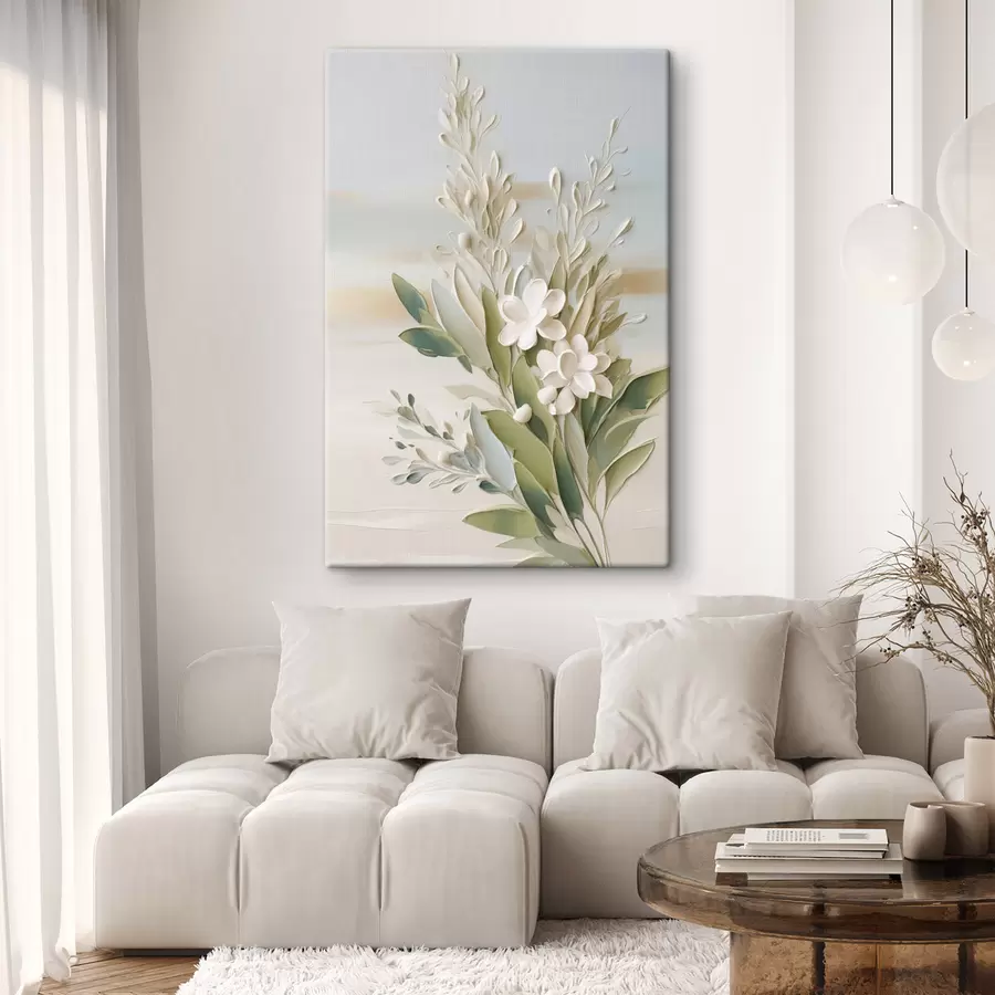 wall murals White flowers and green leaves with a soft, textured background in pastel colors s50618
