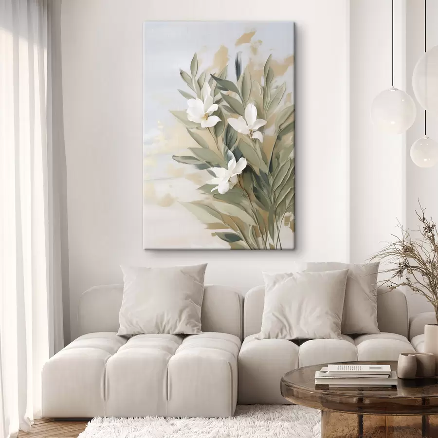 wall murals White flowers and green leaves with a soft, textured background in pastel colors s50619