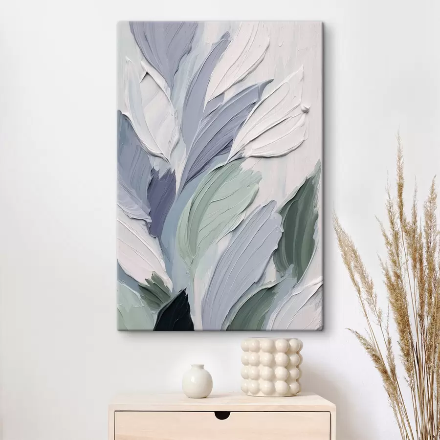 wall murals Abstract leaves, textured brushstrokes in shades of white, pale blue, and green s50622