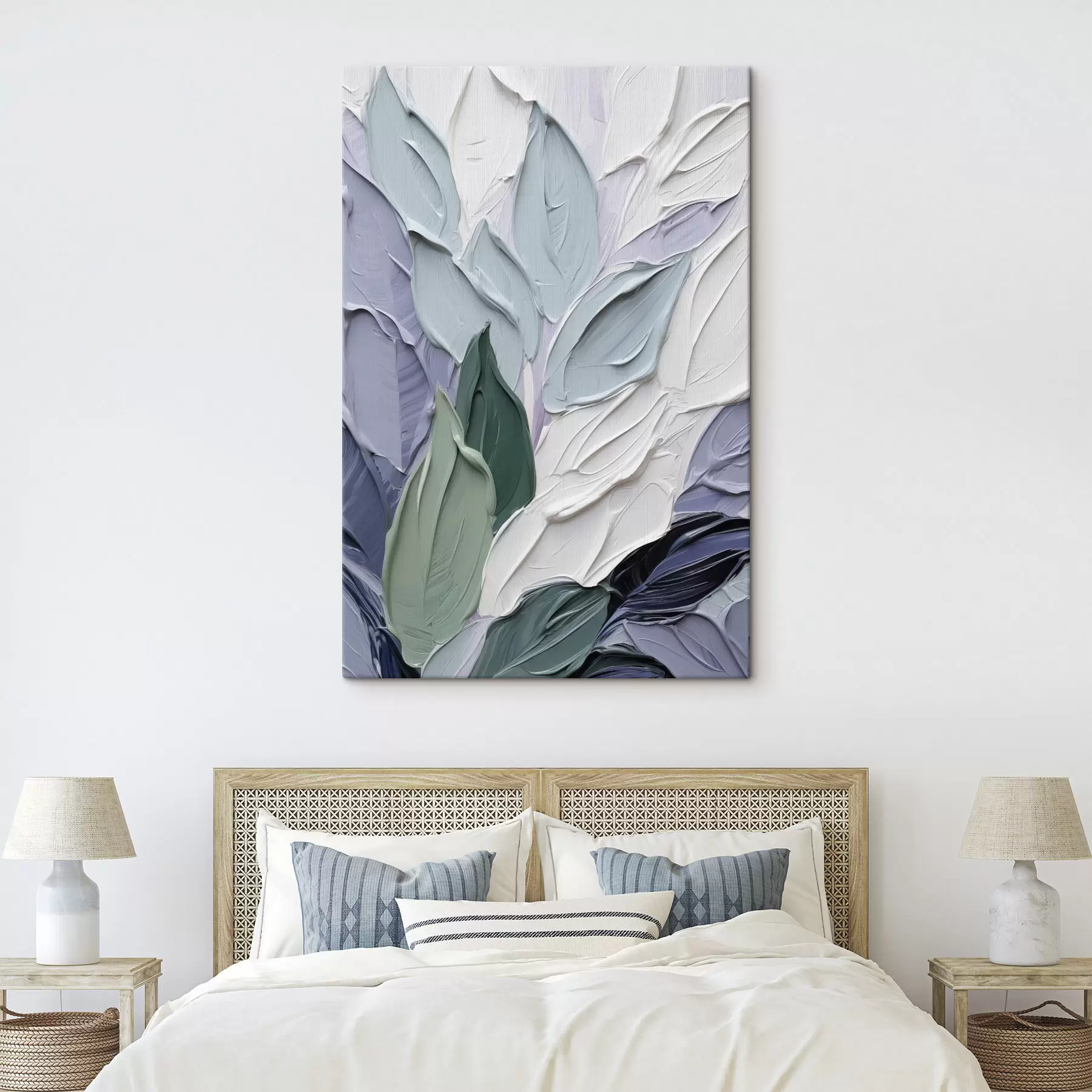 wall murals Abstract leaves, textured brushstrokes in shades of white, pale blue, and green s50623