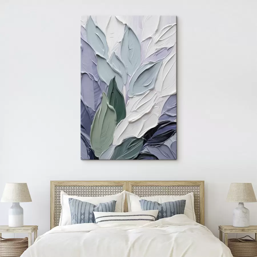 wall murals Abstract leaves, textured brushstrokes in shades of white, pale blue, and green s50623