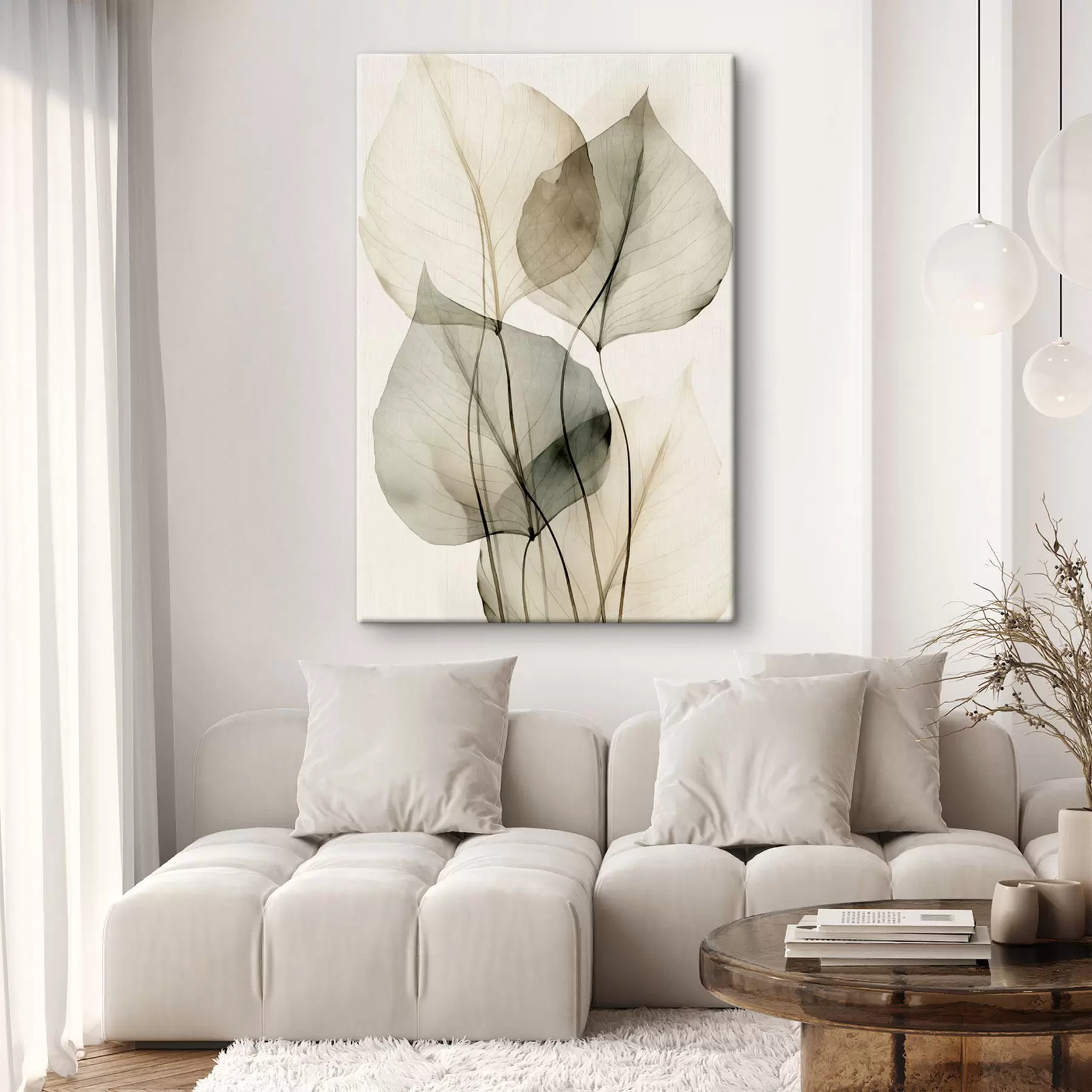 wall murals Textured transparent leaves in shades of beige and grey, light background s50625