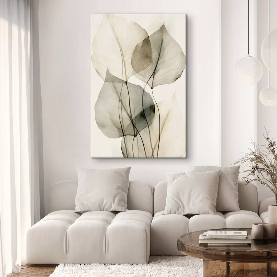 wall murals Textured transparent leaves in shades of beige and grey, light background s50625