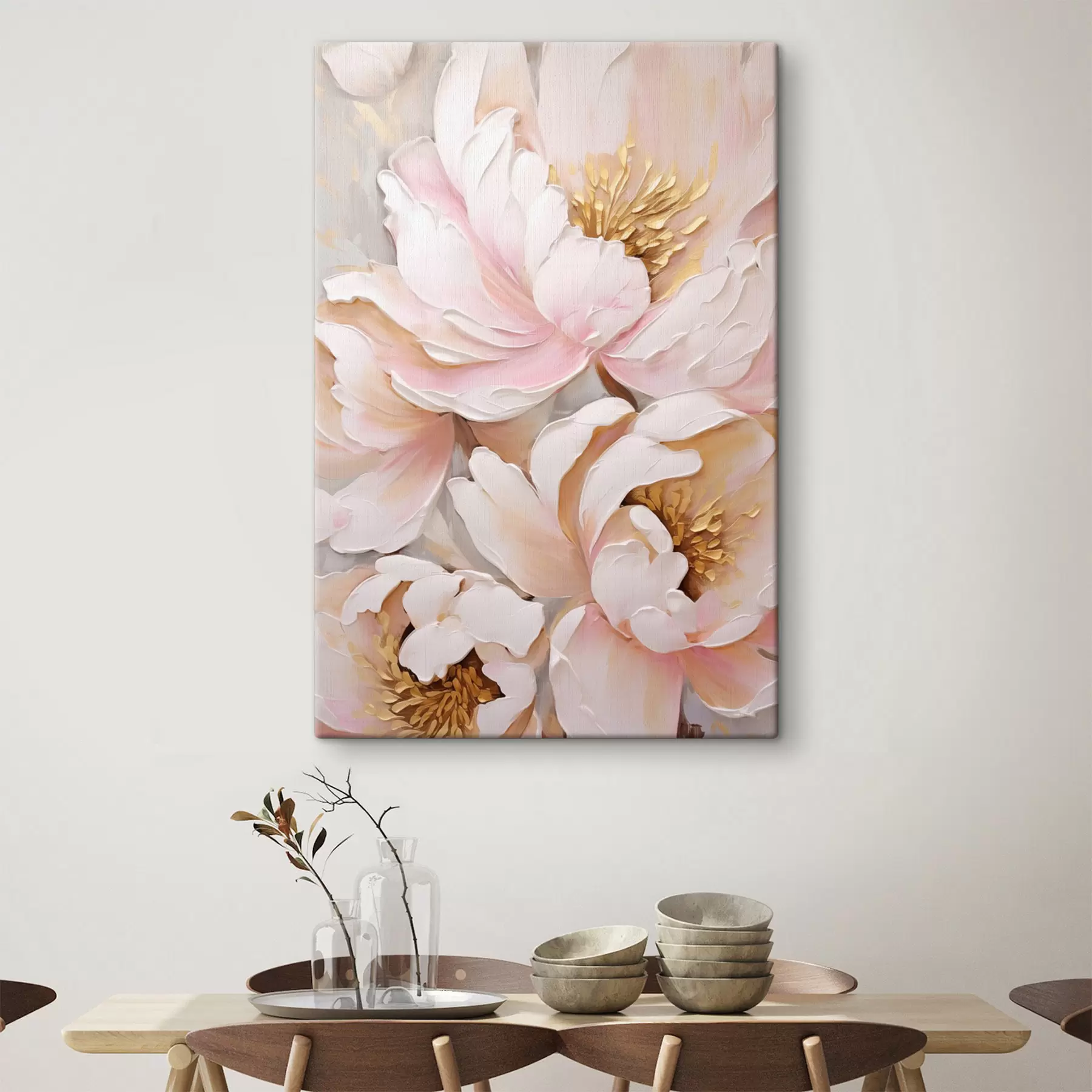 wall murals Light pink peonies, textured brushstrokes style, abstract background s50629
