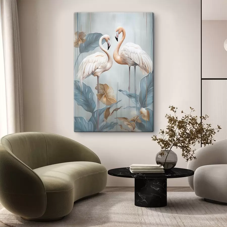 murales Flamencos con hojas tropicales, colores pastel s50638