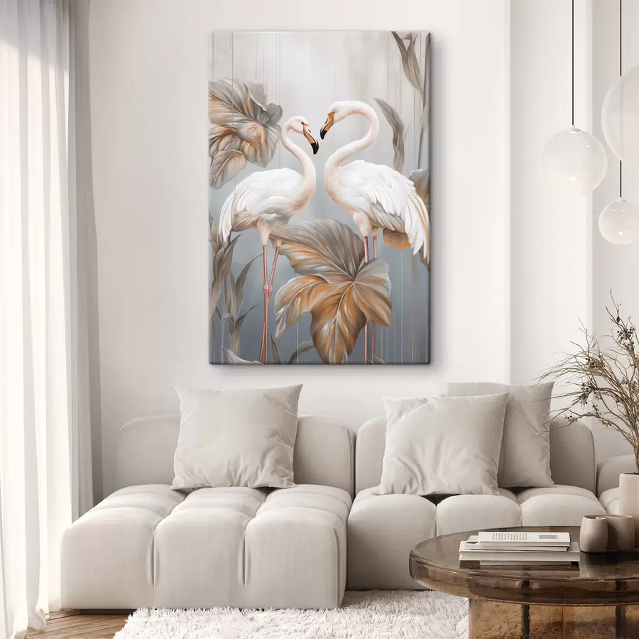 murales Flamencos con hojas tropicales, colores pastel s50639