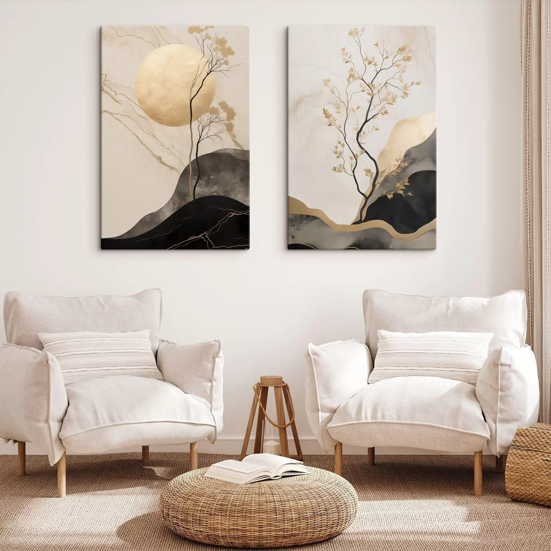 wall murals A minimalist abstract art, tree and flowing textures in beige and black tones m30955