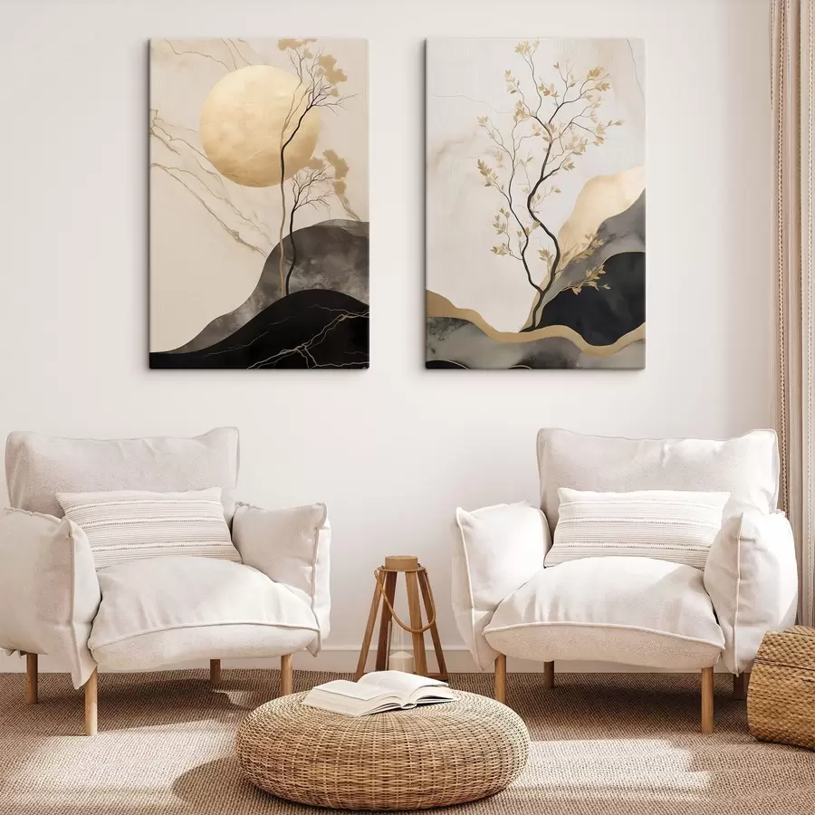 wall murals A minimalist abstract art, tree and flowing textures in beige and black tones m30955