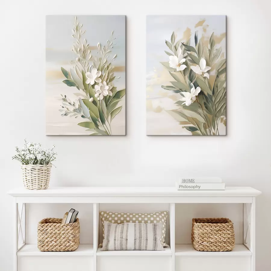 wall murals White flowers and green leaves with a soft, textured background in pastel colors m30958