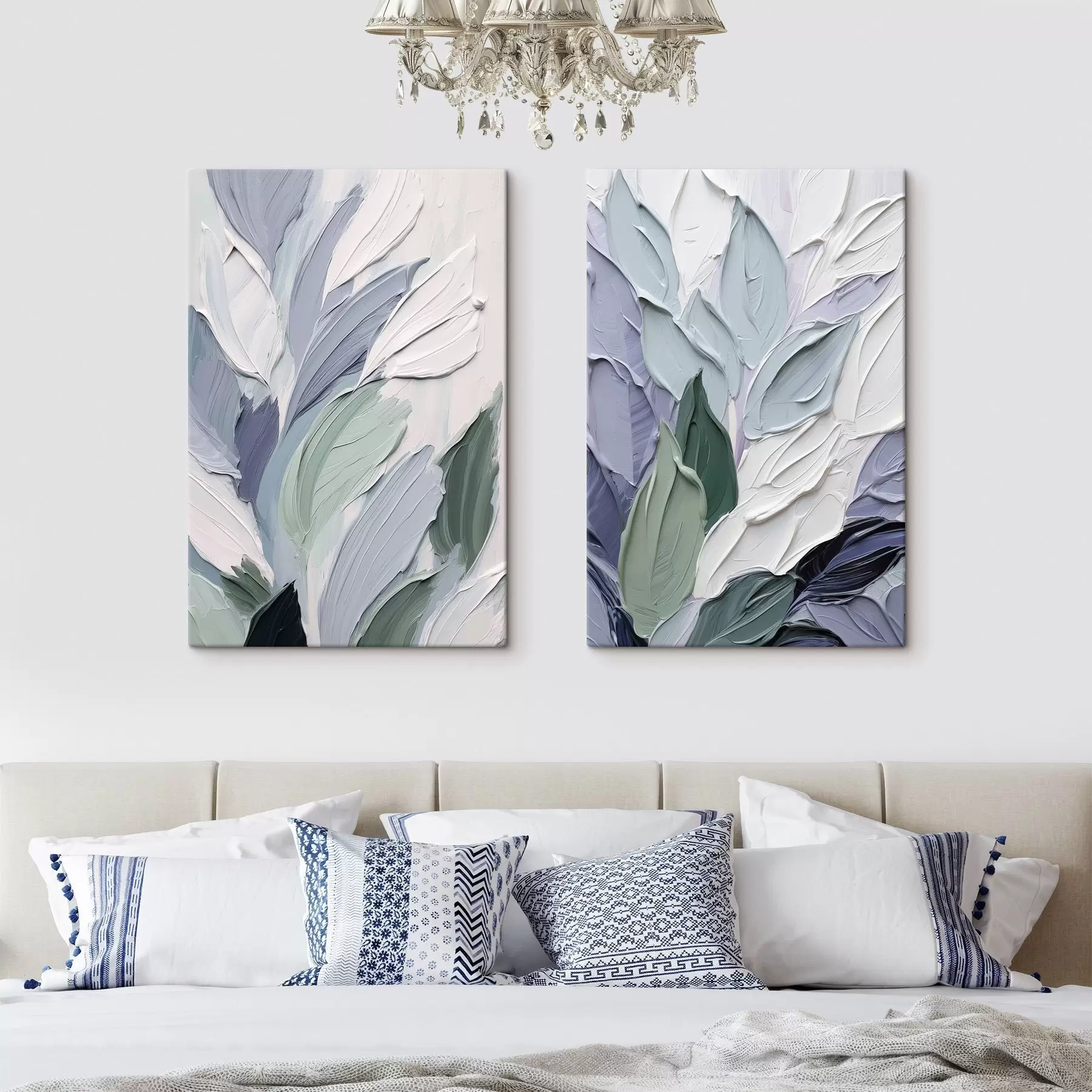 wall murals Abstract leaves, textured brushstrokes in shades of white, pale blue, and green m30960
