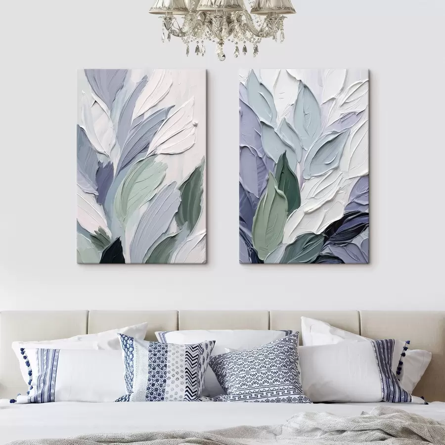 wall murals Abstract leaves, textured brushstrokes in shades of white, pale blue, and green m30960
