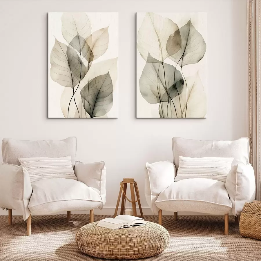 wall murals Textured transparent leaves in shades of beige and grey, light background m30961
