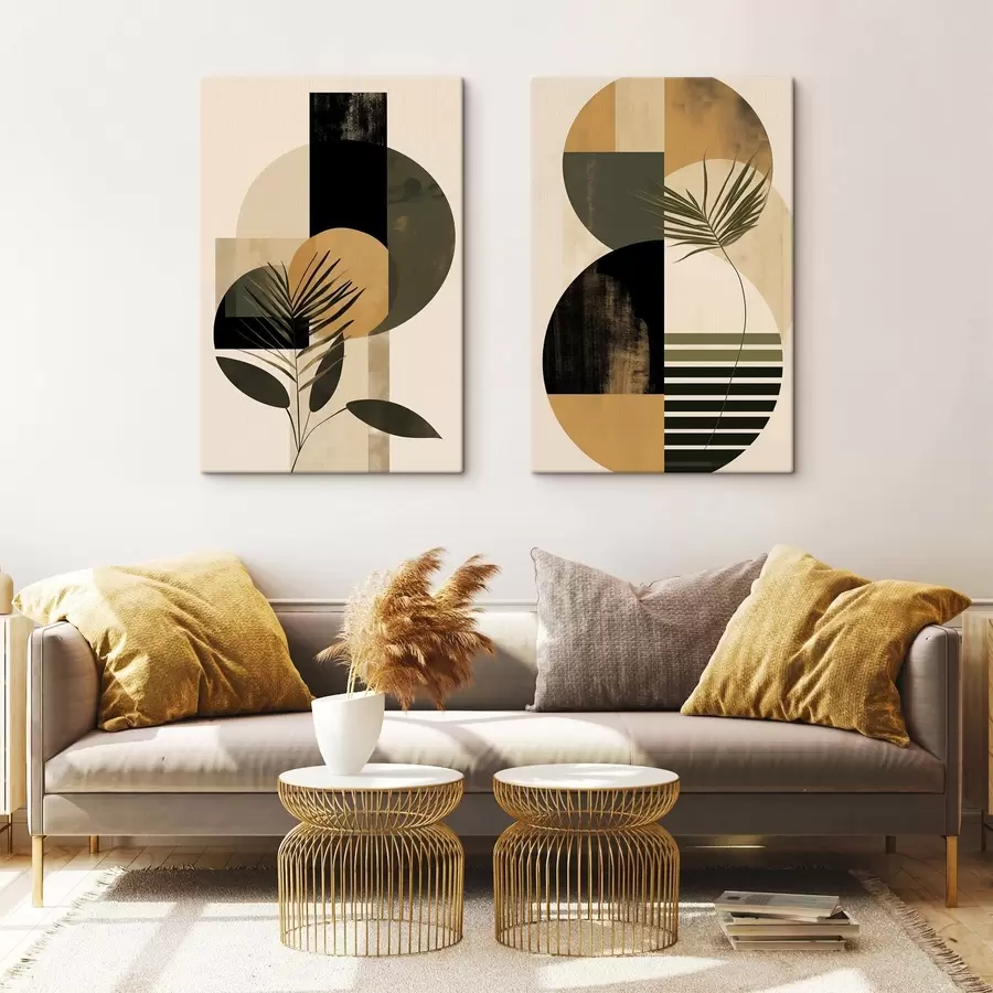 wall murals Abstract composition with geometric shapes and tropical leaves, textured m30965