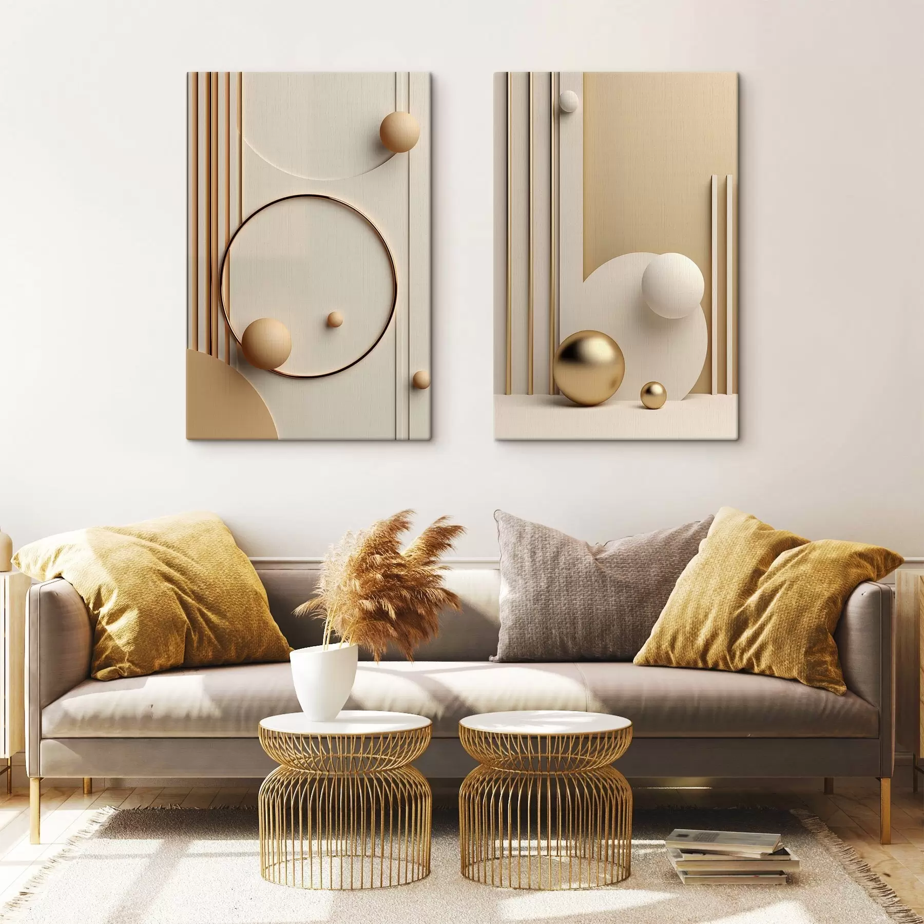 wall murals Abstract modern art with spheres and vertical lines, minimalist composition m30967
