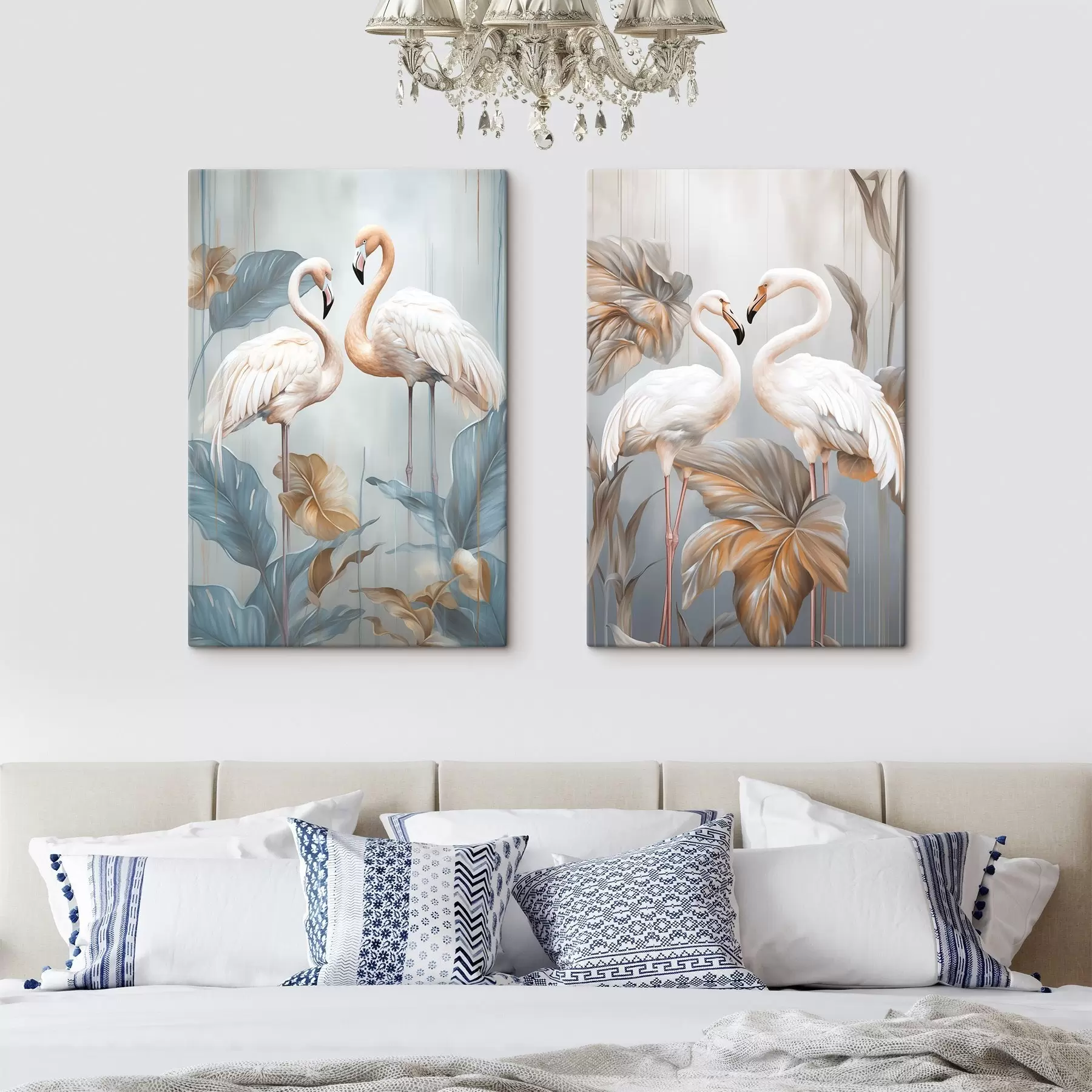 wall murals Flamingos with tropical leaves, pastel colors m30968