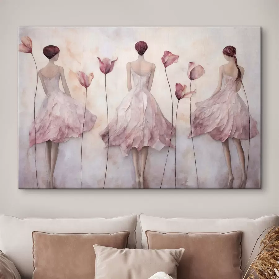 wall murals Three female figures in pink dresses among flowers s50582