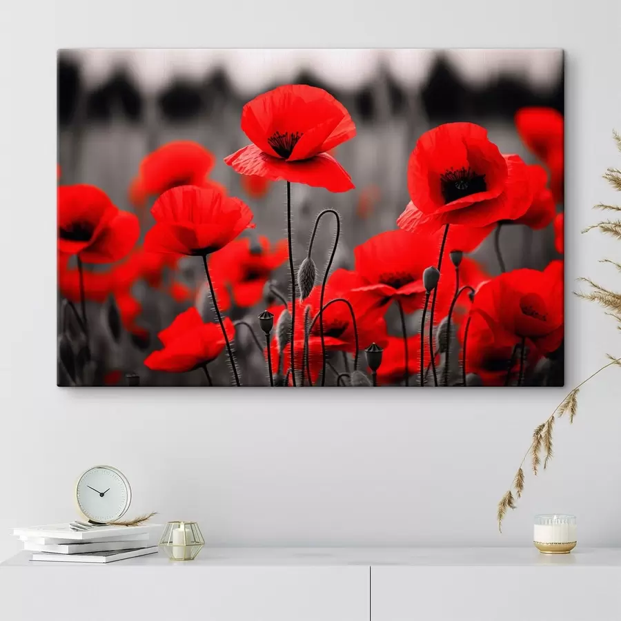 wall murals Bright red poppies against a monochrome background s50584