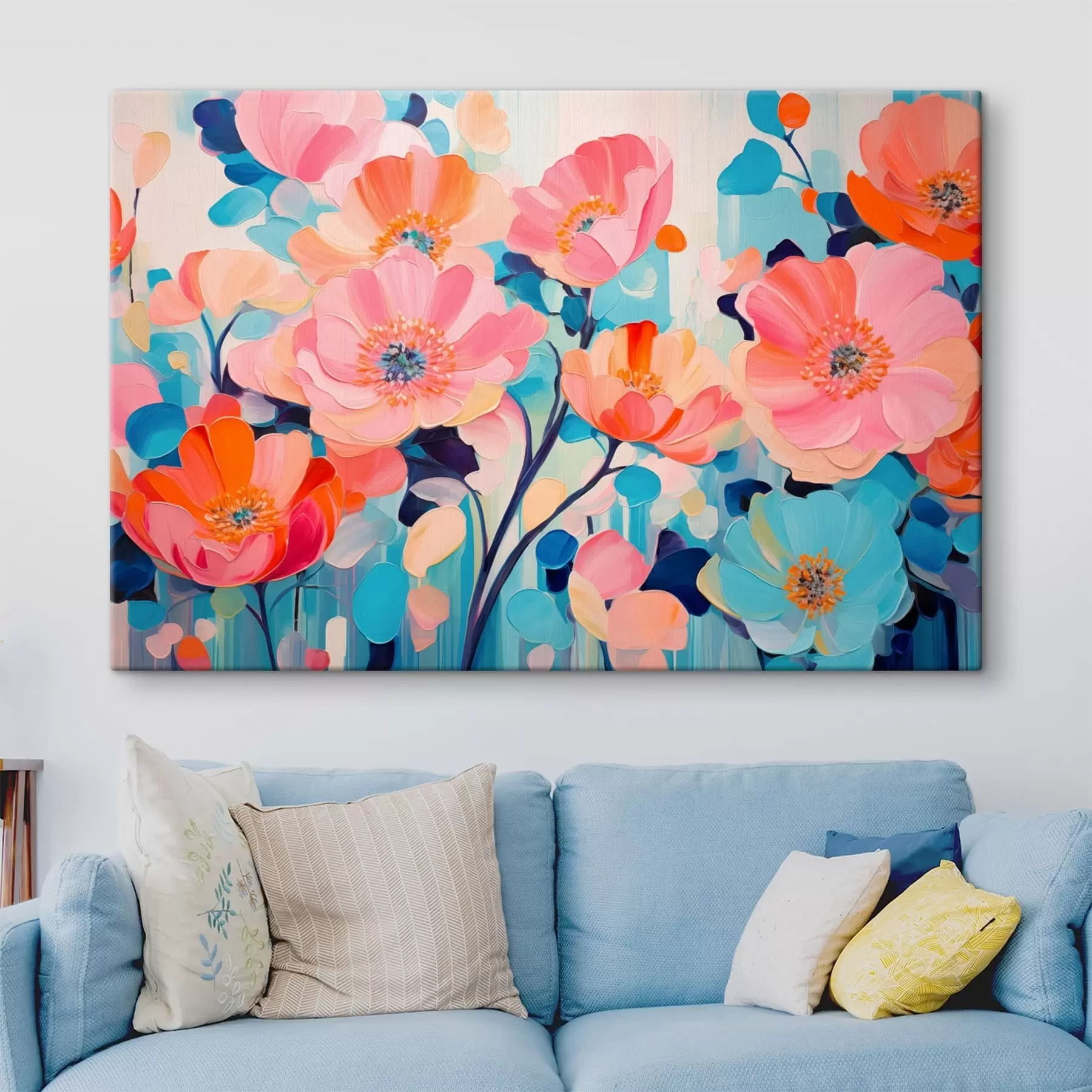 murales Flores grandes y llamativas en tonos rosas y azules s50590