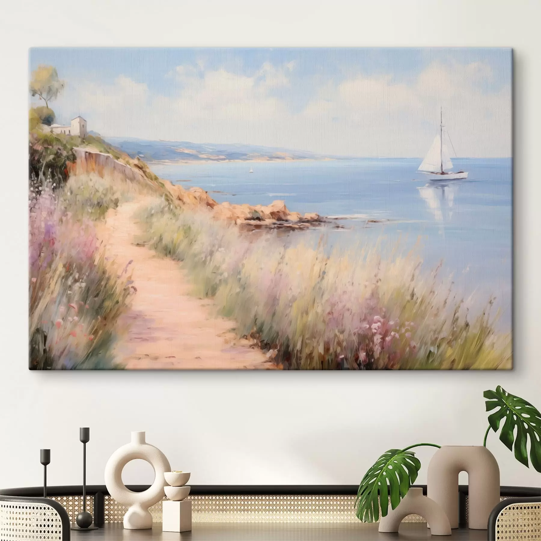 wall murals Coastal path with flowers and a sailboat s50592