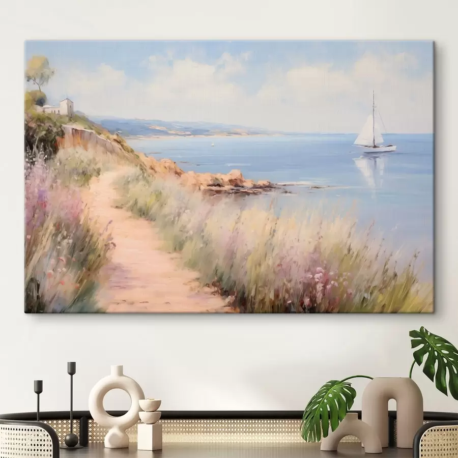 wall murals Coastal path with flowers and a sailboat s50592