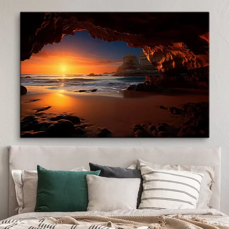wall murals Seaside sunset framed by a rocky cave s50594