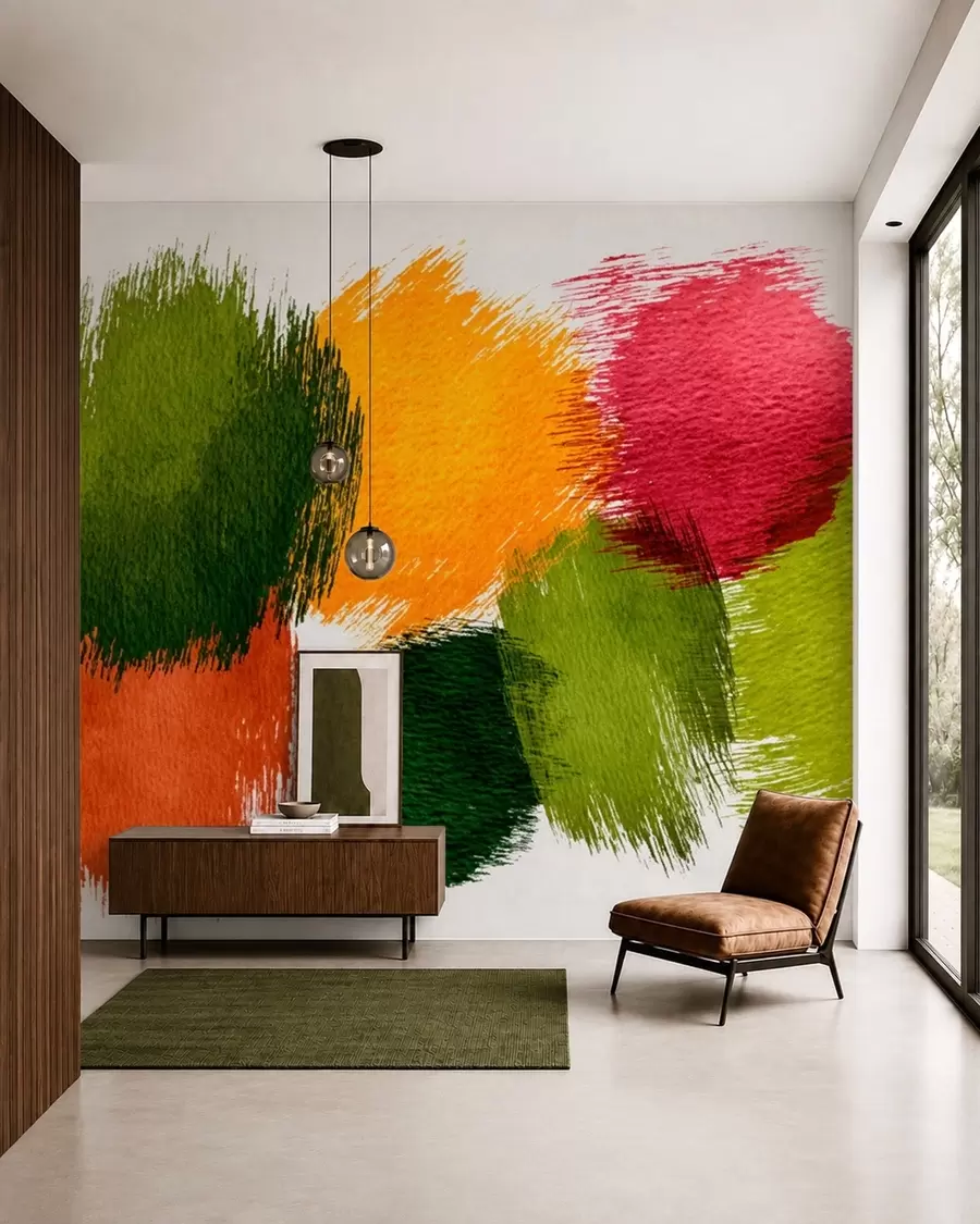 peintures murales Traits abstraits verts, orange et roses w05859