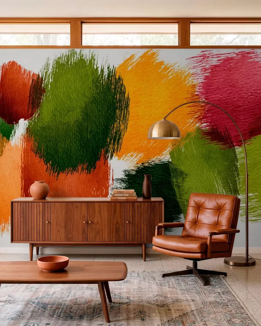 peintures murales Traits abstraits verts, orange et roses w05859