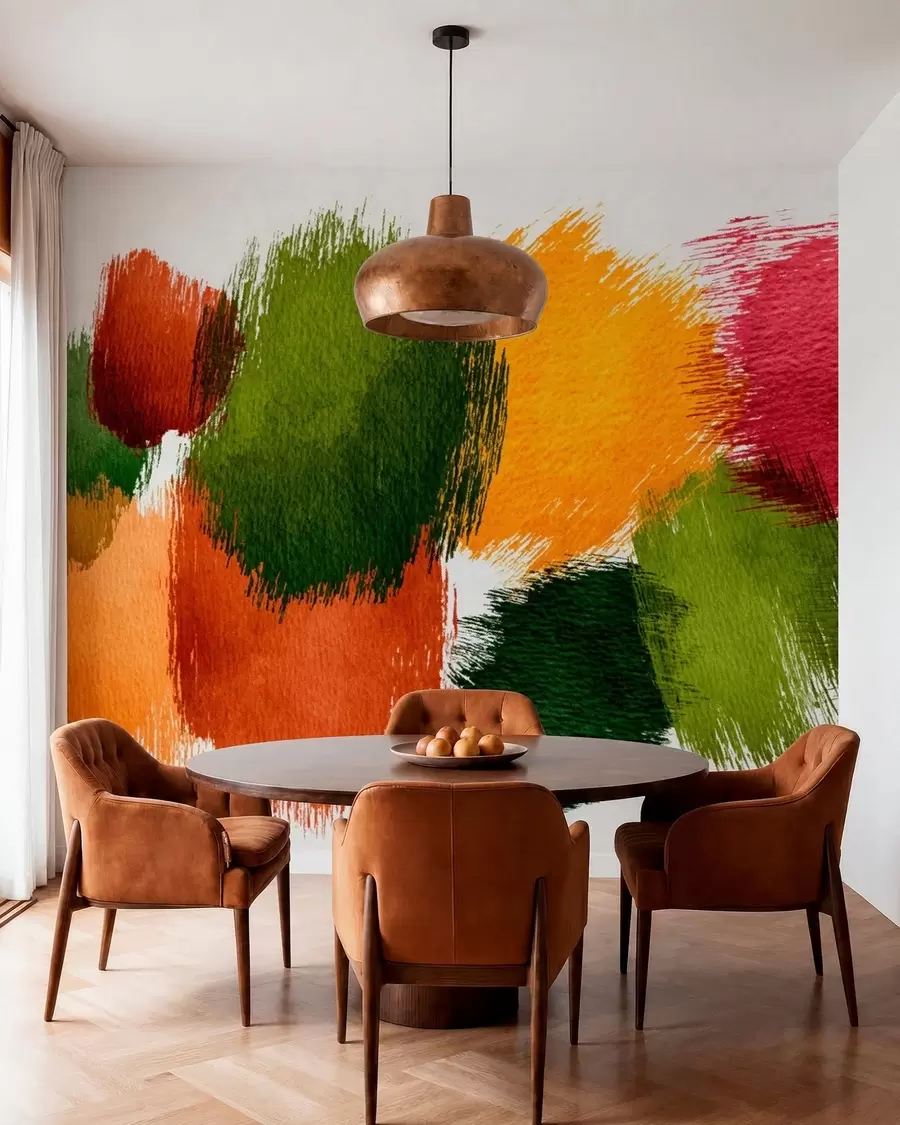 peintures murales Traits abstraits verts, orange et roses w05859