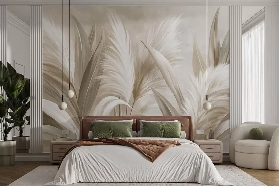 Wall Mural Photo Wallpaper Pale decorative leaves and feathery blooms w05863