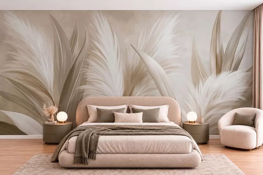 wall murals Pale decorative leaves and feathery blooms w05863