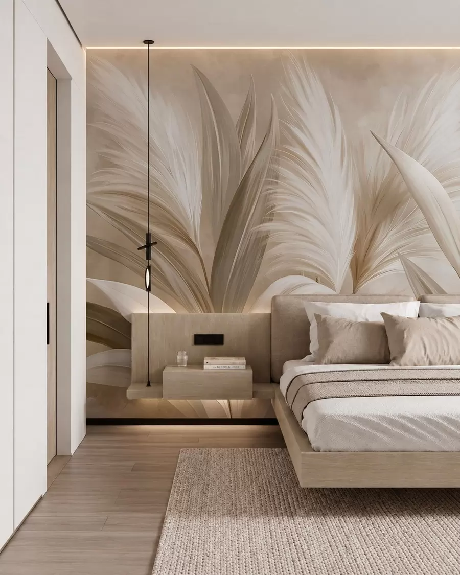 wall murals Pale decorative leaves and feathery blooms w05863